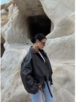 Siyah Kemerli Yarasa Kol Deri Mont