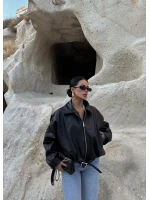 Siyah Kemerli Yarasa Kol Deri Mont