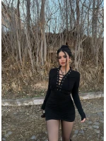 Siyah Kuşgözü Büzgülü Elbise
