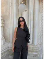Siyah Lavin Düğmeli Keten Takım