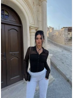 Siyah Polo Yaka Crop Gömlek