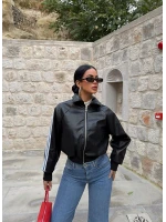 Siyah Retro Şeritli Deri Ceket