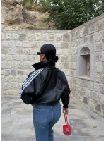 Siyah Retro Şeritli Deri Ceket