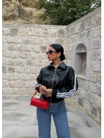 Siyah Retro Şeritli Deri Ceket