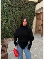 Siyah Şal Yaka Bel Bağlamalı Kazak