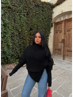 Siyah Şal Yaka Bel Bağlamalı Kazak