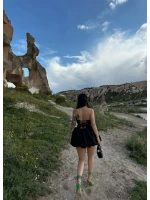 Siyah Sırt Bağlamalı Straplez Elbise