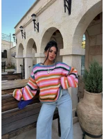 Turuncu Rainbow Çizgili Kazak