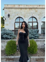 Yaka Düğmeli Güpürlü Atlas Elbise