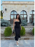 Yaka Düğmeli Güpürlü Atlas Elbise