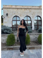 Yaka Düğmeli Güpürlü Atlas Elbise