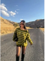Yeşil Çizgili Kayık Yaka Kazak