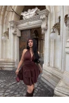 Kahve Boyundan Geçmeli Drapeli Elbise