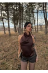 Kahve Boyundan Geçmeli Saten Bluz