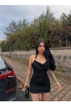 Siyah Tokalı Sırt Çapraz Büzgülü Elbise
