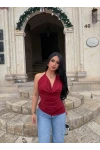 Bordo Boyundan Bağlamalı Degaje Bluz