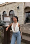Beyaz Sırt Düğmeli Güpürlü Bodysuit