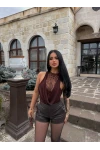 Kahve Sırt Düğmeli Güpürlü Bodysuit