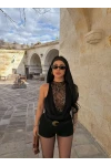 Siyah Sırt Düğmeli Güpürlü Bodysuit