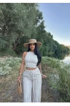Bej Halter Ters Dikişli İkili Takım