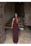 Kahve Sırt Düğmeli Degaje Elbise