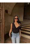 Siyah Omuz Tokalı Degaje Bodysuit