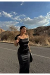Siyah Sırt Büzgülü Saten Long Elbise