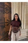 Kahve Güpürlü Korse Tişört