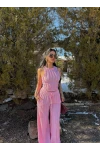 Pembe Halter Ters Dikişli İkili Takım