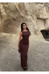Kahve Sırt Açık Long Elbise