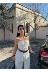 Beyaz Büzgülü Straplez Crop