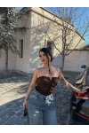 Kahve Büzgülü Straplez Crop