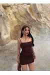 Kahve Askılı Bodycon Mini Elbise