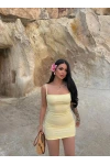 Sarı Askılı Bodycon Mini Elbise