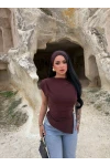 Kahve Vatkalı Pileli Bluz