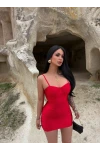 Kırmızı Balenli Saten Elbise