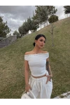 Beyaz Droplu Kayık Yaka Crop