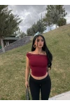 Bordo Droplu Kayık Yaka Crop