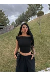 Siyah Droplu Kayık Yaka Crop