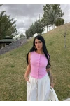 Pembe Ön Düğmeli Kaşkorse Bluz
