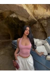 Pembe Boyundan Geçmeli Çift Kat Crop