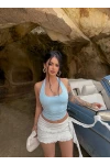 Mavi Boyundan Geçmeli Çift Kat Crop
