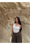 Beyaz Boyundan Geçmeli Aksesuarlı Crop