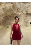 Bordo Drapeli Yaka Dantel İşlemeli Elbise