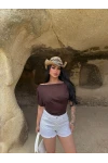 Kahve Kayık Yaka Transparan Bluz