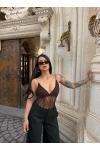 Kahve İp Askılı Güpürlü Bodysuit