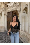 Siyah İp Askılı Güpürlü Bodysuit