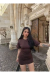 Kahve Büzgülü Modal Elbise