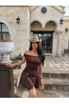 Kahve Eteği Aksesuarlı Straplez Elbise