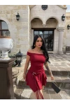 Bordo Eteği Aksesuarlı Straplez Elbise